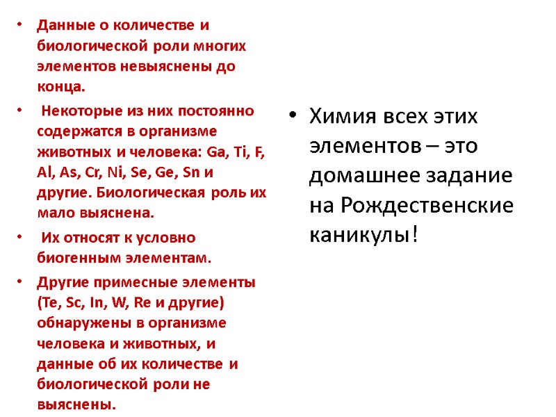 Данные о количестве и биологической роли многих элементов невыяснены до конца.  Некоторые из